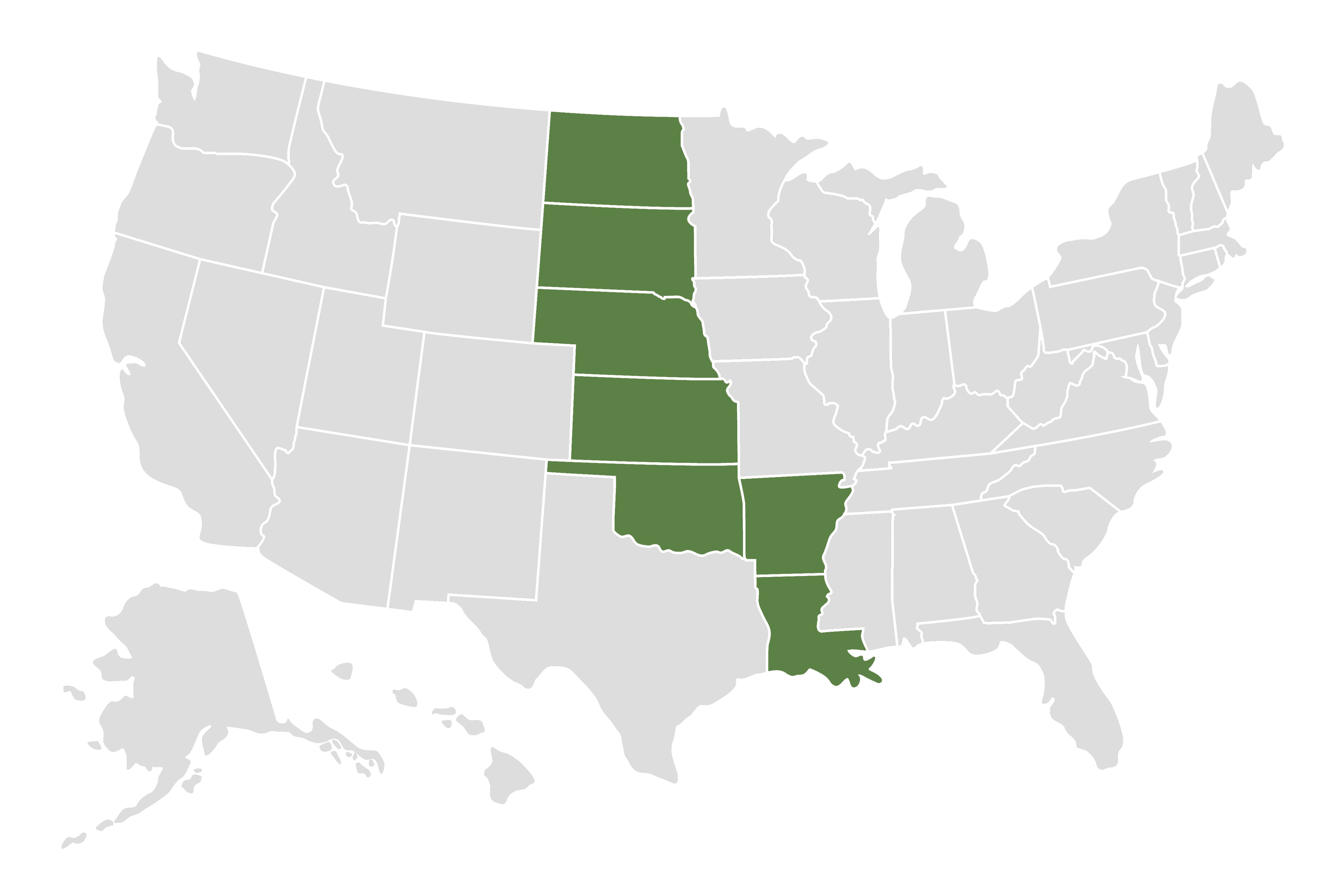 US Map with North Dakota, South Dakota, Nebraska, Kansas, Oklahoma, Arkansas and Louisiana highlighted